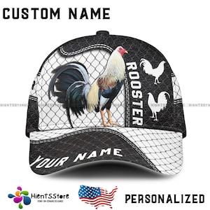 Custom Name Black White Rooster Hat - Personalized Name Farm Life Cap, Chicken Farmer Gift, Rustic  Rooster Baseball Cap for Men and Women