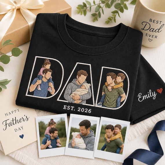 Custom Dad T-shirt with Photo Inside Letters, Personalized Father's Day Gift, Embroidered Faceless Portrait Tee, Dad Est Year Shirt