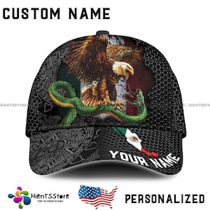 Kundenspezifische Mexiko Adler-Schlangenkappe - personalisierte Baseballmütze mit aztekischem Muster für mexikanischen Stolz, patroitisches Geschenk, verstellbare Passform