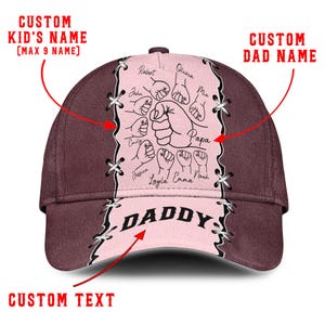 Custom Name Daddy Hat with Kids&#39; Names – Personalized Fist Bump Cap for Dad Papa Grandpa – Leather Look Printed Cap for Father’s Day Gift