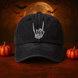 Custom Name Skeleton Rock Hand Hat, Embroidered Punk Skull Cap, Halloween Metal Dad Hat, Gothic Streetwear Gift, Black Bone Horror Accessory