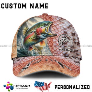 Gorra de pesca de trucha con nombre personalizado. Gorra de béisbol con estampado de escamas marrones. Regalo de pesca para papá, hombre y pescador.