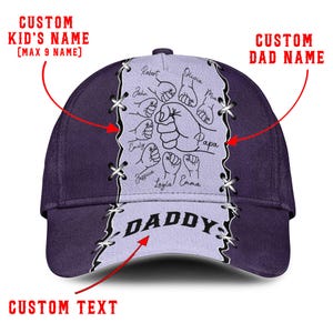 Custom Name Daddy Hat with Kids&#39; Names – Personalized Fist Bump Cap for Dad Papa Grandpa – Leather Look Printed Cap for Father’s Day Gift
