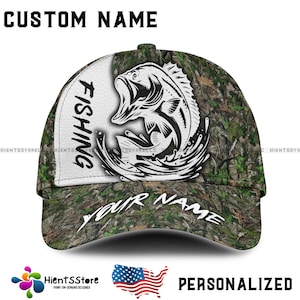 Benutzerdefinierte Name Fischerkappe mit Namen, Bass Fish Camo Hut für Angler, personalisierte Fischer Geschenk für Männer, Outdoor Angelbekleidung