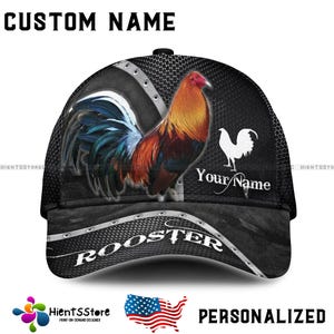 Custom Name Rooster Steel Mesh Hat - Personalized Name Rooster Cap, Farm Life Rooster Gift, Fighting Rooster Baseball Cap for Men and Women