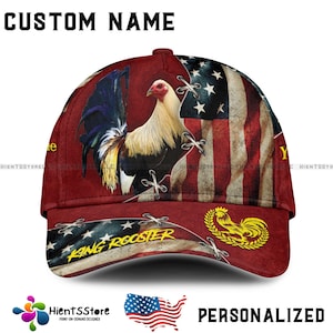 Boné de Galo Patriótico com Nome Personalizado e Design de Bandeira Americana, Chapéu Personalizado de Granja de Galinhas com Nome, Chapéu Ajustável Rústico para Pais EUA