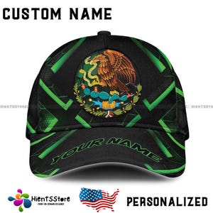 Benutzerdefinierte Name Mexiko-Flagge Baseballmütze Personalisierte Kappe mit grünem Neon-Design & Adler-Emblem, Lateinisches Erbe-Stolz-Geschenk, verstellbarer Snapback