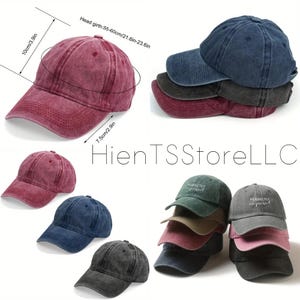 May include: A collection of baseball caps in various colors, including burgundy, navy, and gray. The caps have a distressed, vintage look. Measurements are provided: 10cm/3.9in high, 7.5cm/2.9in brim, and a head girth of 55-60cm/21.6-23.6in. Some caps have the text "Perfectly imperfect".