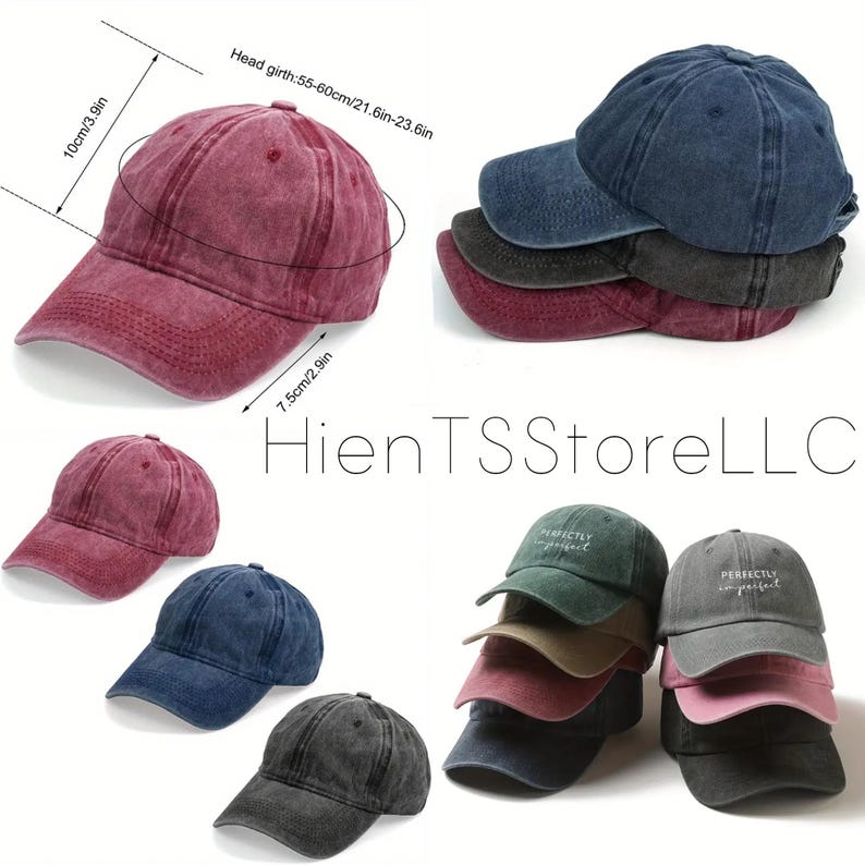 May include: A collection of baseball caps in various colors, including burgundy, navy, and gray. The caps have a distressed, vintage look. Measurements are provided: 10cm/3.9in high, 7.5cm/2.9in brim, and a head girth of 55-60cm/21.6-23.6in. Some caps have the text "Perfectly imperfect".