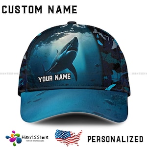 Custom Name Shark Cap for Men, Personalized Baseball Cap, Camo & Fishing Logo Caps, Shark Lover Gift, Blue Shark Hat for Adults  Women