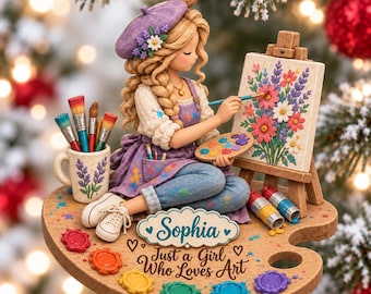 Just A Girl Who Loves Art, Personalized Artist 2D Flat Ornament, Painter Gift, Custom Name Christmas Decor, Art Lover Gift, Christmas Gift