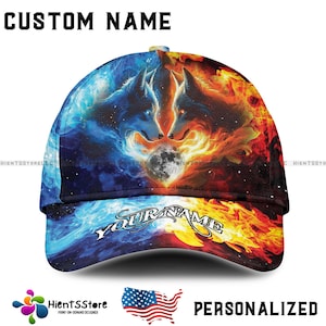 Custom Name Wolf Baseball Cap Personalized Name Hat for Men fire and ice wolf hat Spirit Animal wolf  Gift Adjustable Mesh Cap
