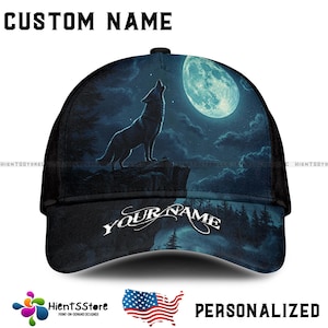 Custom Name Wolf Moon Hat for Men, Personalized Name Howling Wolf Baseball Cap, Night Forest Animal Trucker Hat, Gift for Him