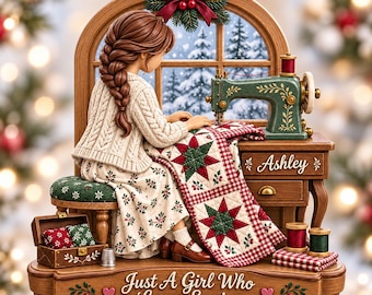 Personalized Sewing 2D Flat Ornament, Custom Name Quilter Christmas Tree Ornament, Just A Girl Who Loves Sewing, Seamstress Christmas Gifts