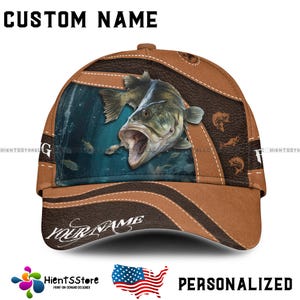 Custom Name Bass Fishing Hat – Personalized Name Cap for Anglers, Fisherman Gift, 3D Fish Print, Fishing Dad Hat for Outdoors Men