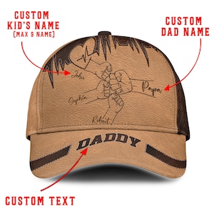 Custom Name Daddy Hat with 3D Fist Bump & Heartbeat | Print Leather Look Custom Cap with Kids&#39; Names, Father&#39;s Day Gift for Papa