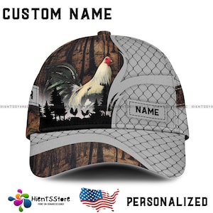 Custom Name  White Rooster Cap, Personalized Name Farm Hat with Fence and Forest Design, Rustic Country Dad Hat Gift for Men USA Style