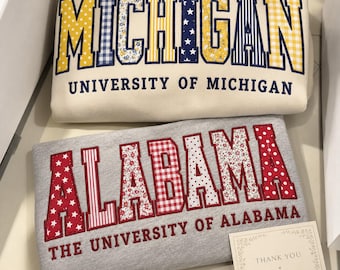 Customized College Name Applique Sweatshirt, Personalized University Crewneck, Patchwork Embroidered School Spirit Sweatshirt