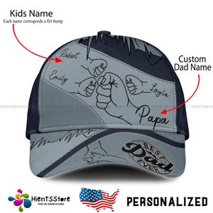 Custom Name Daddy First Bump Cap, Custom Dad Cap with Kids’ Names, Dad Grandpa Kids Holding Hands Cap, Grandpa Gifts, Father&#39;s Day Gifts