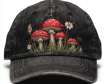 Custom Name Mushroom Embroidered Vintage Cap, Forest Core Black Dad Hat, Nature Aesthetic Cotton Ballcap, Cottagecore Red Toadstool Gift
