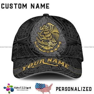 Custom Name Gold Mexican Eagle Baseball Cap – Personalized Black Aztec Heritage Snapback Hat for Men, Patriotic Latino Gift Adjustable Fit