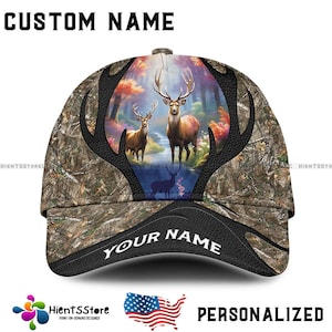 Chapeau de chasse au chevreuil personnalisé avec nom - Casquette camo pour chasseurs, casquette personnalisée avec bois de cervidé, cadeaux pour hommes, chapeau de papa de chasse en plein air