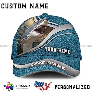 Custom Name Shark Cap for Men, Personalized Shark Hat - Custom Name Great White Shark Cap, Shark Lover Gift, Blue Shark Hat for Adults