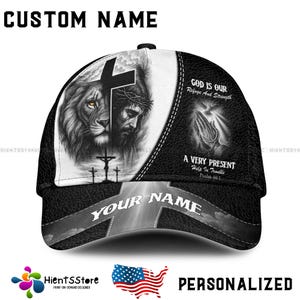 Custom Name Hat, Personalized Christian Lion of Judah Cap with Jesus and Cross Design – Faith Hat for Men, Bible Verse Psalm 46:1