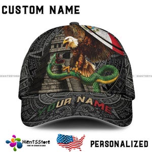 Personalized Mexican Eagle & Snake Hat – Custom Aztec Heritage Cap with Name – Patriotic Chichén Itzá Flag Snapback for Men, Mexico Pride