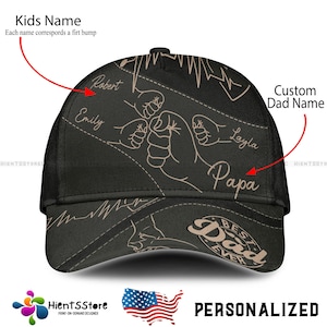 Custom Name Daddy First Bump Cap, Custom Dad Cap with Kids’ Names, Dad Grandpa Kids Holding Hands Cap, Grandpa Gifts, Father&#39;s Day Gifts