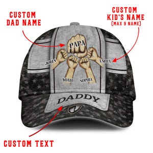 Custom Name Daddy Fist Bump Hat with Kids&#39; Names | Military Camouflage Personalized Baseball Cap for Dad, Papa, Father&#39;s Day Gift Idea