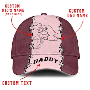 Custom Name Daddy Hat with Kids&#39; Names – Personalized Fist Bump Cap for Dad Papa Grandpa – Leather Look Printed Cap for Father’s Day Gift