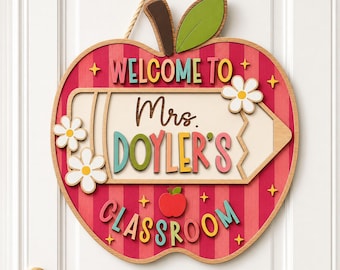 Personalized Apple Teacher Name Colorful Striped Door Sign, 3D Welcome Door Hanger, Back to School Classroom Decor, Teacher Gift