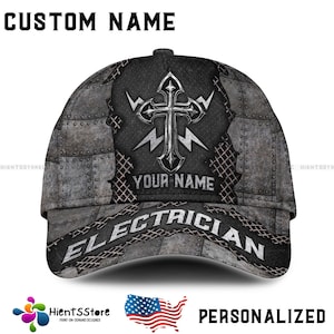 Custom Name Electrician Cap with Cross & Axes Design - Custom Name cap Gift for Electrician, Perfect Gift for Tradesmen Custom Workwear Cap