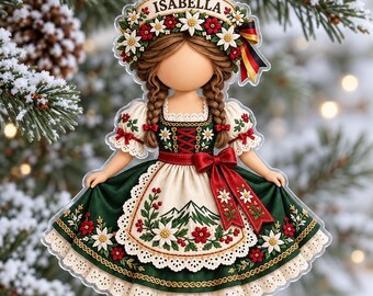 Personalized German Dirndl Girl 2D Acrylic Ornament Custom Name Bavarian Dress Christmas Tree Decor Oktoberfest Gift