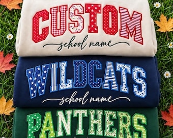 Personalized School Spirit Crewneck, Custom Varsity Applique Embroidered, Gingham Floral Patchwork Tee, Game Day Shirt, Back To School Gift