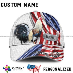 Chapéu de galo com nome personalizado e bandeira americana – Boné de frango patriótico com nome personalizado para fazendeiros e amantes de animais, presente dos EUA