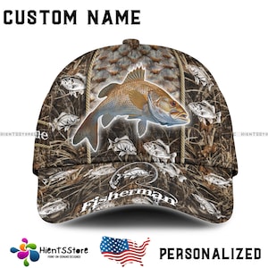 Custom Name Redfish Fishing Hat – Personalized Name Camo Fisherman Cap for Anglers, Outdoor Gift for Dad, Bass Trout Red Drum Lovers