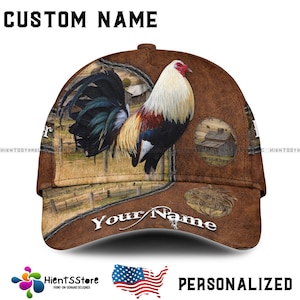 Custom Name Rustic Rooster Farm Hat - Personalized Name Vintage Country Cap, Farmhouse Chicken Lover Gift, Barnyard Rooster Baseball Cap