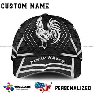 Custom Name Black Rooster Hat Personalized Name Chicken Cap for Men Farm Animal Trucker Hat Bold Country Gift Dad Farmer USA