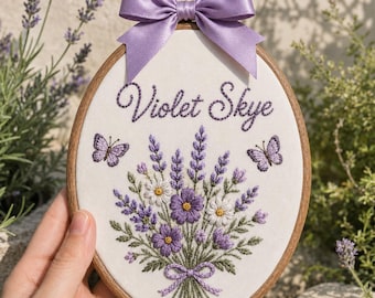 Personalized Lavender Embroidery Hoop, Custom Baby Name Nursery Decor, Floral Embroidered Wall Art, Baby Shower Gift, Keepsake