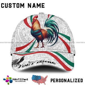 Custom Name Mexican Rooster Hat Personalized Name Aztec Cap | Colorful Farm Animal Baseball Hat for Men | Mexican Pride Gift for Dad, Farmer