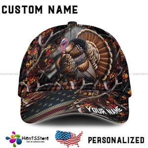 Custom Name American Flag Turkey Hunting Hat – Personalized Wild Turkey Cap with Custom Name – Patriotic Camo Trucker Hat for Hunters