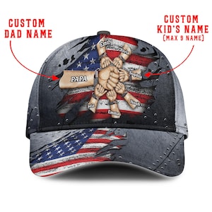 Custom Name Best Dad Ever Cap with Kids&#39;, Personalized Metal Torn Flag Papa Hat, American Pride Gift for Father, Mechanic Dad Baseball Cap