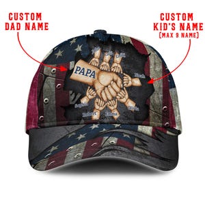 Custom Name Papa Hat with Kids’ Names Personalized Fist Circle Design Cap with American Flag Background Father’s Day Gift for Grandpa or Dad