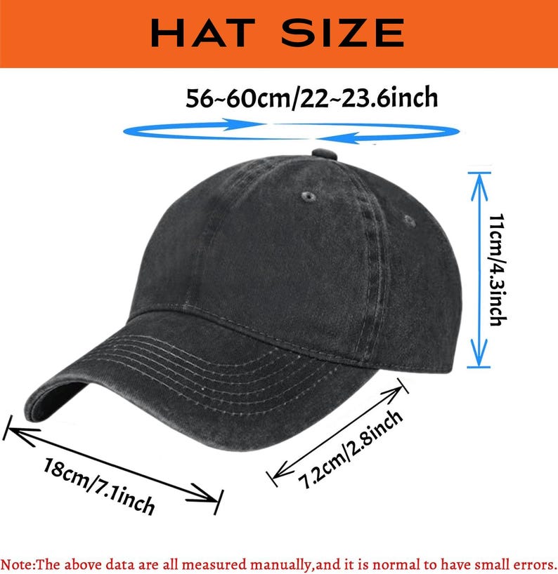 May include: A black baseball cap with a curved brim. The hat's dimensions are 7.1 inches in length, 2.8 inches in width, and 4.3 inches in height. The hat size is 22-23.6 inches. The text "HAT SIZE" is at the top.