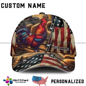 Boné de beisebol com nome personalizado e bandeira americana do Galo - Boné com nome personalizado para fazendeiros, amantes do campo e americanos patriotas
