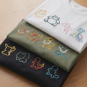 PKM Outline Custom Embroidered TShirt, Personalized Anime Tee, Gamer Washed T-Shirt Gift for Anime Fans