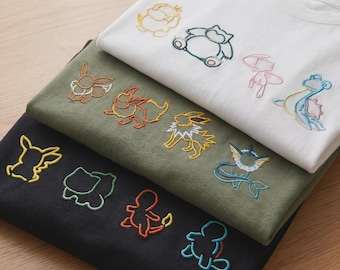 PKM Outline Custom Embroidered TShirt, Personalized Anime Tee, Gamer Washed T-Shirt Gift for Anime Fans