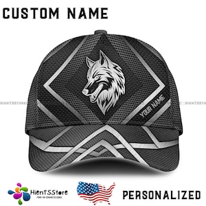 Custom Name Black Wolf Hat for Men, Personalized Silver Geometric Cap, Modern Wild Animal Baseball Hat, Gift for Outdoor Adventure Lovers